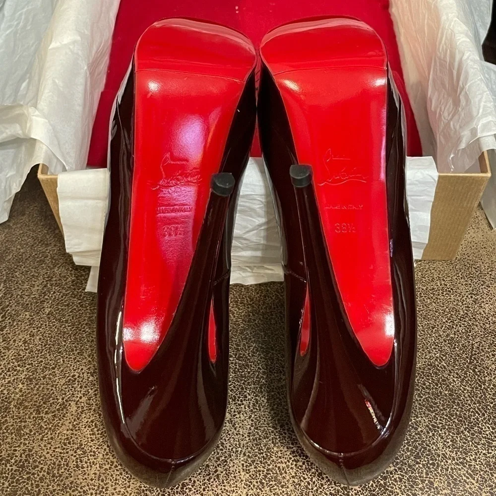 Christian Louboutin burgundy brown patent 150mm Lady Peep, peep toe pump…